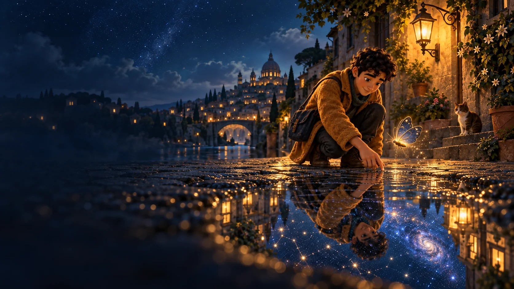 Niko kneels beside a puddle that reflects a sky full of stars, as Mote glows beside him.